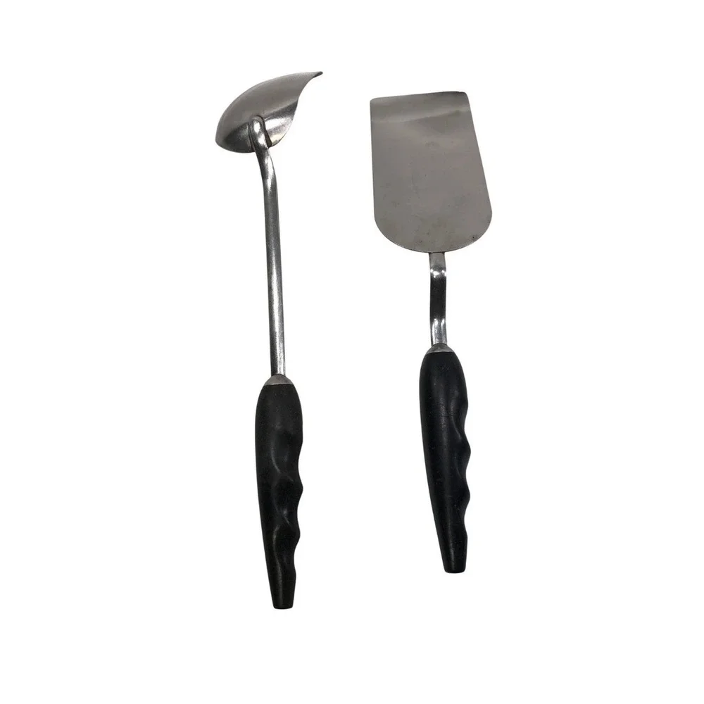 Vintage Stainless Steel Serving Spoon and Spatula Set with Black